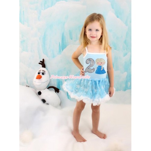 Frozen Princess Elsa Light Blue Sparkle Bling Snowflakes ONE-PIECE Halter Dress With 2nd Sparkle White Birthday Number & Princess Elsa Print LP74 